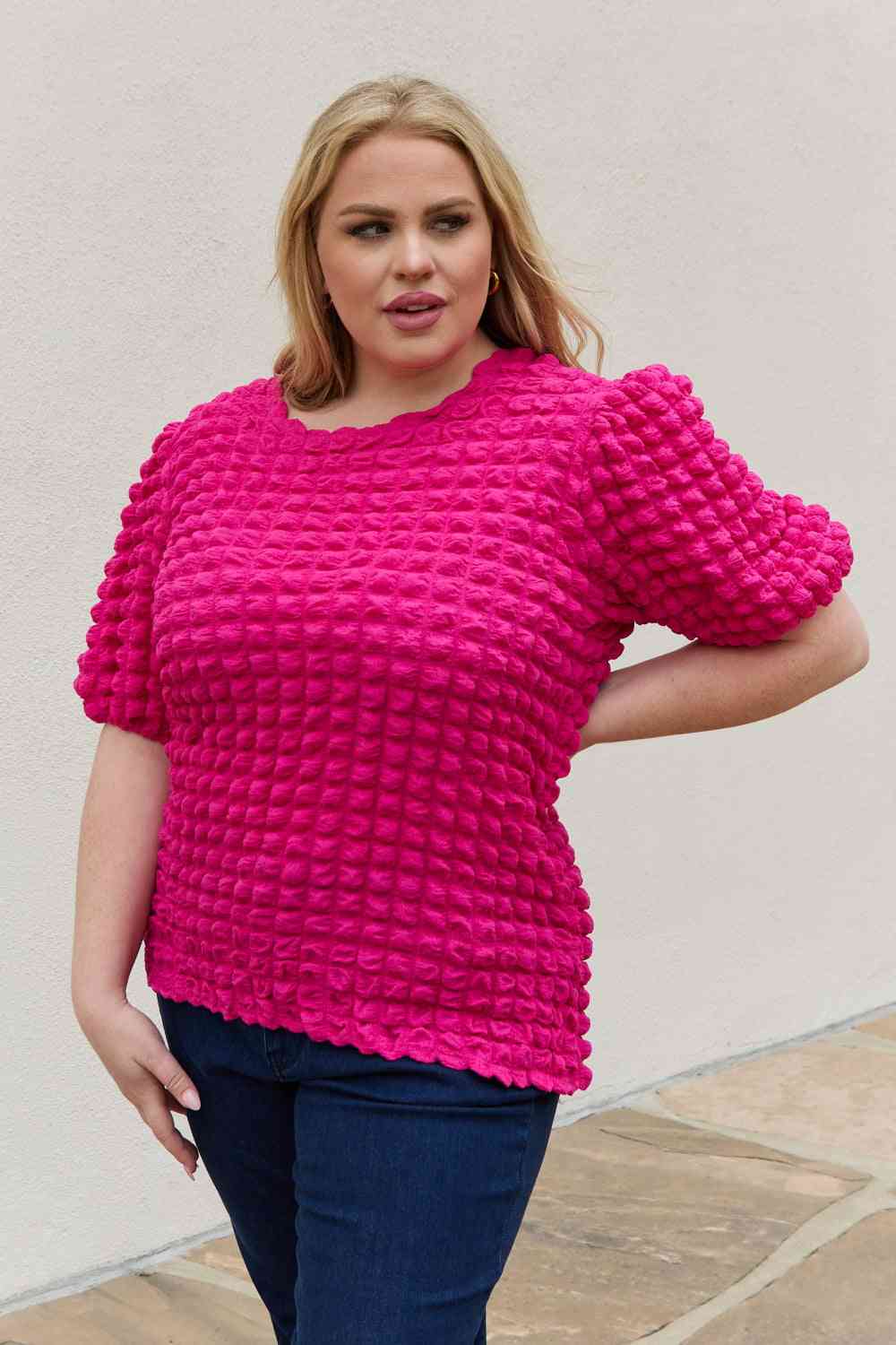 Full Size Bubble Textured Puff Sleeve Top