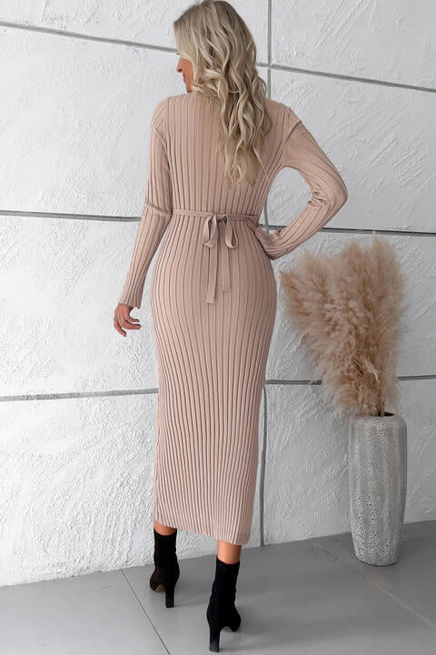 V-Neck Long Sleeve Ribbed Sweater Dress