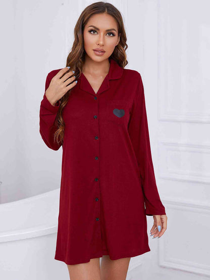 Lapel Collar Long Sleeve Night Dress