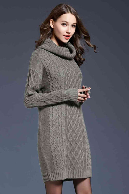 Full Size Mixed Knit Cowl Neck Dropped Shoulder Sweater Dress