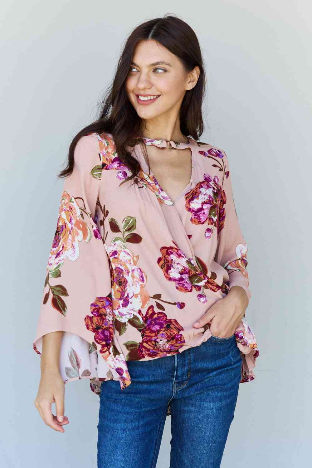 ODDI Full Size Floral Bell Sleeve Crepe Top