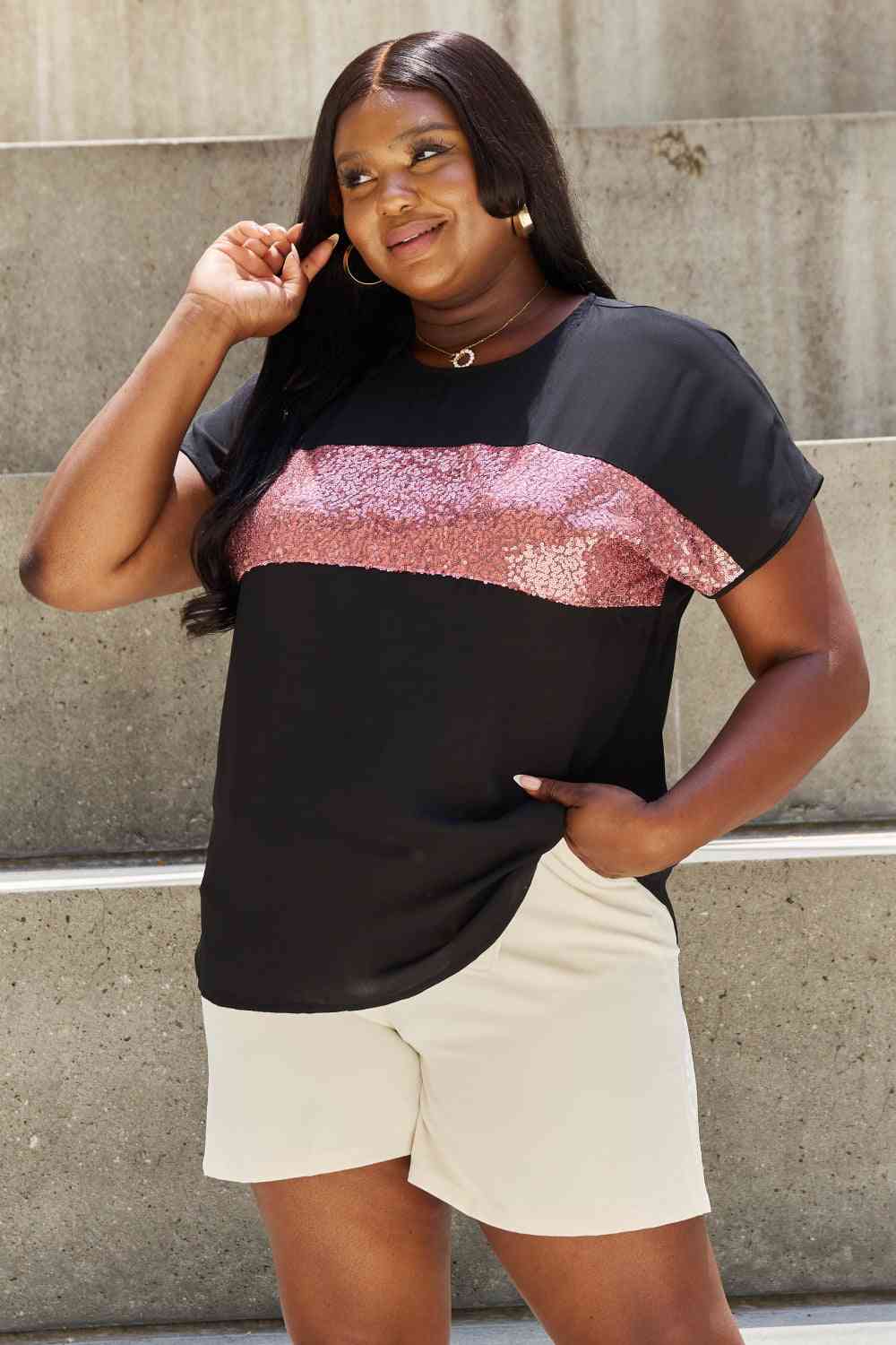 Sew In Love Shine Bright Full Size Center Mesh Sequin Top in Black/Mauve