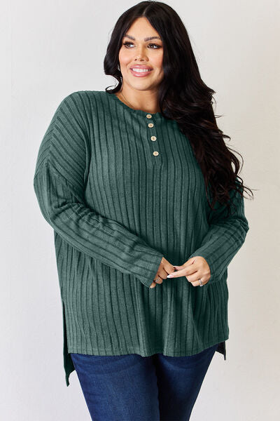 Full Size Ribbed Half Button Long Sleeve High-Low T-Shirt