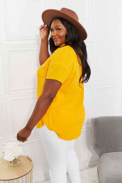 Zenana Full Size Summer Breeze Gauze Short Sleeve Shirt in Mustard