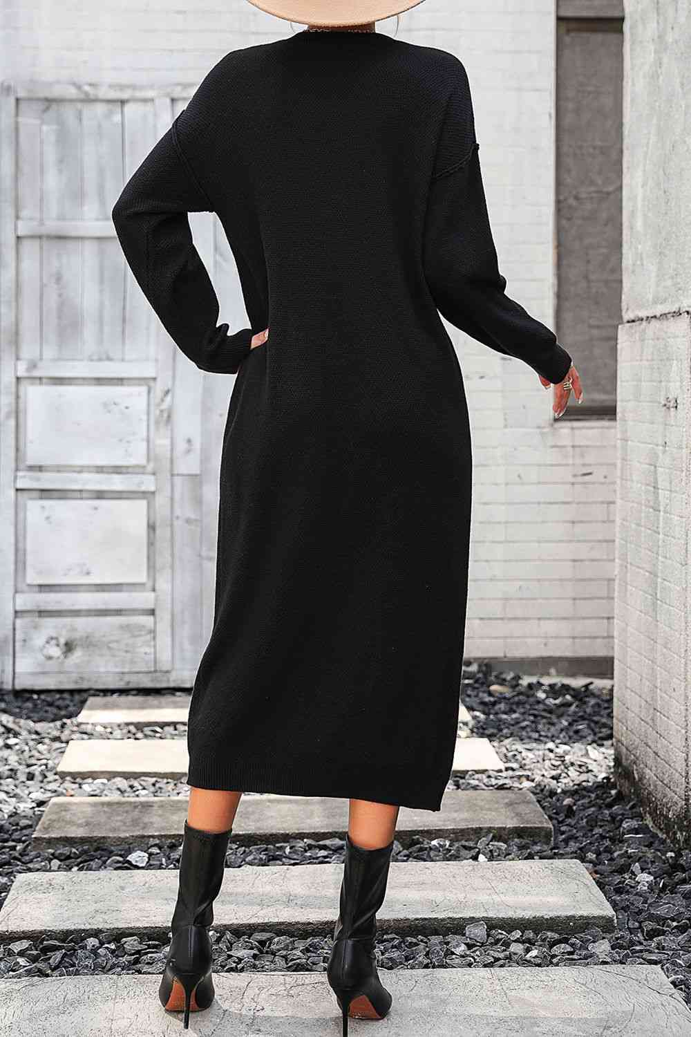 Notched Neck Dropped Shoulder Button-Down Midi Sweater Dress