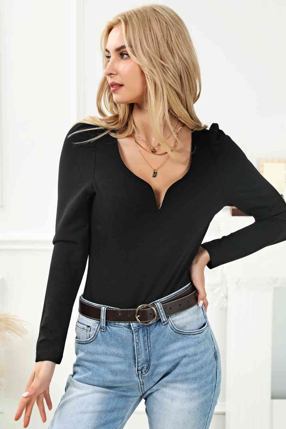 Notched Neck Puff Sleeve Bodysuit