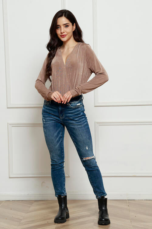 V-Neck Long Sleeve Sheer Bodysuit