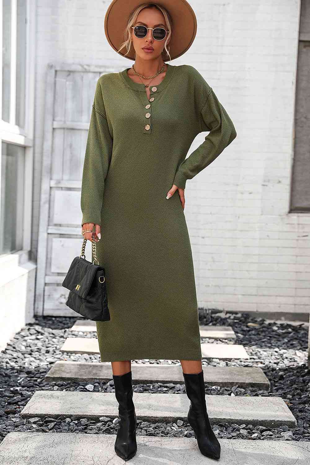 Notched Neck Dropped Shoulder Button-Down Midi Sweater Dress