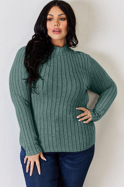 Full Size Ribbed Mock Neck Long Sleeve T-Shirt