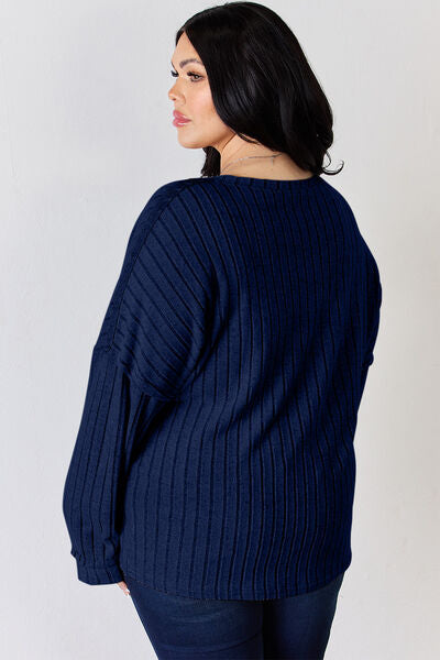 Full Size Ribbed Half Button Long Sleeve T-Shirt