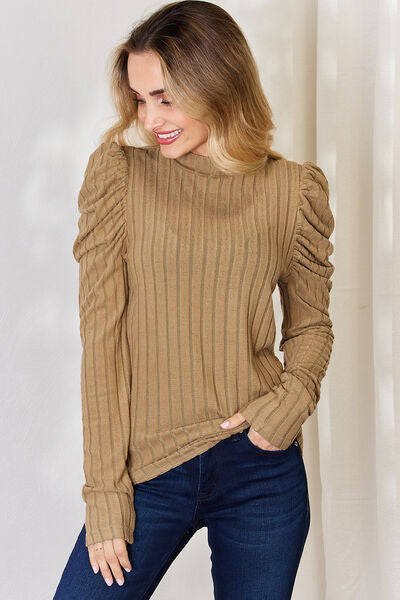 Full Size Ribbed Mock Neck Puff Sleeve T-Shirt