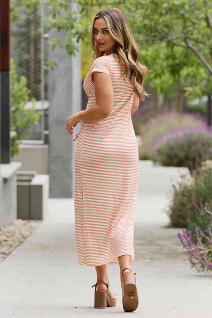 Full Size Striped Twisted Detail Maxi Dress in Light Tomato