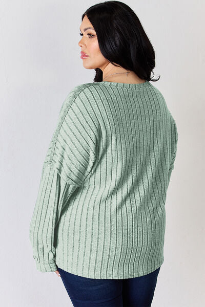 Full Size Ribbed Half Button Long Sleeve T-Shirt