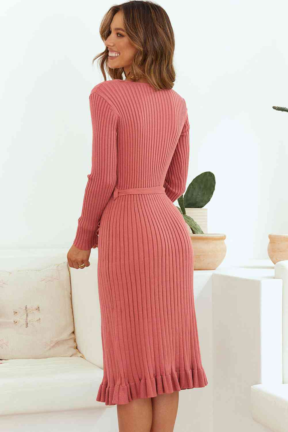 Ribbed V-Neck Tie Waist Pencil Sweater Dress