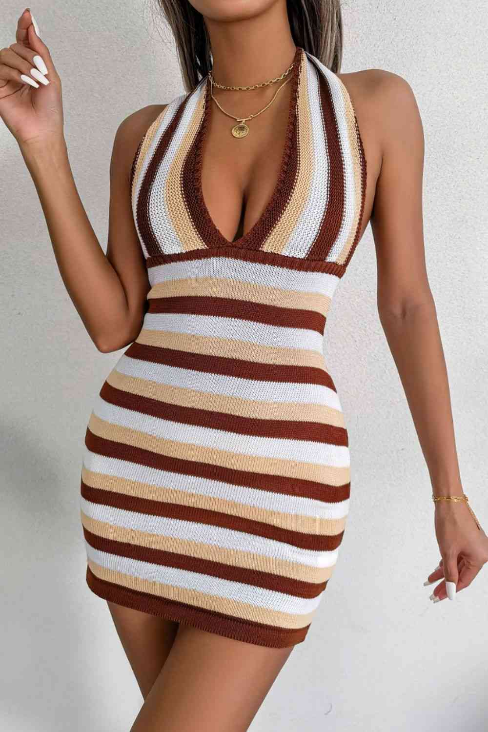 Striped Halter Neck Backless Knit Mini Sweater Dress