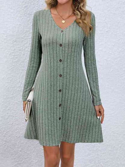 V-Neck Long Sleeve Mini Sweater Dress