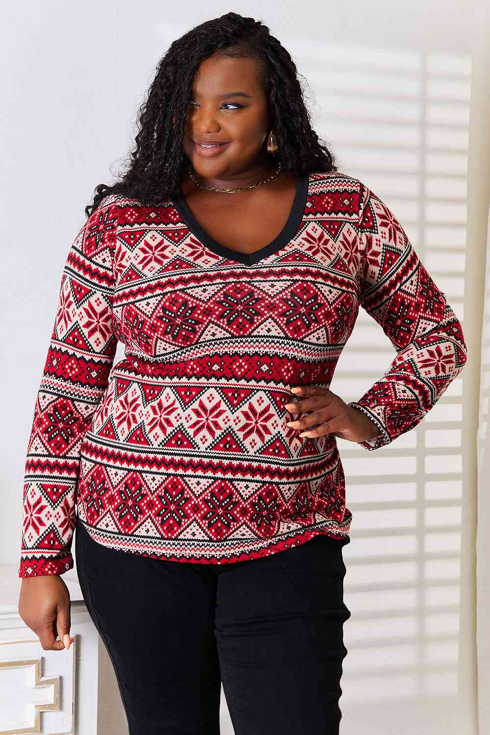 Heimish Full Size Snowflake Print Long Sleeve Top