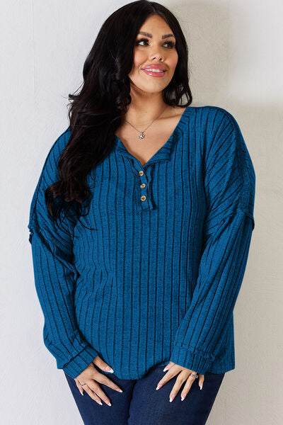 Full Size Ribbed Half Button Long Sleeve T-Shirt