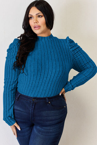 Full Size Ribbed Mock Neck Puff Sleeve T-Shirt