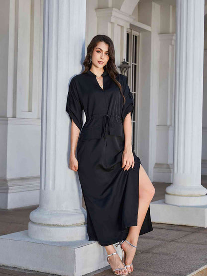 High Slit Roll-tab Sleeve Notched Neck Maxi Dress