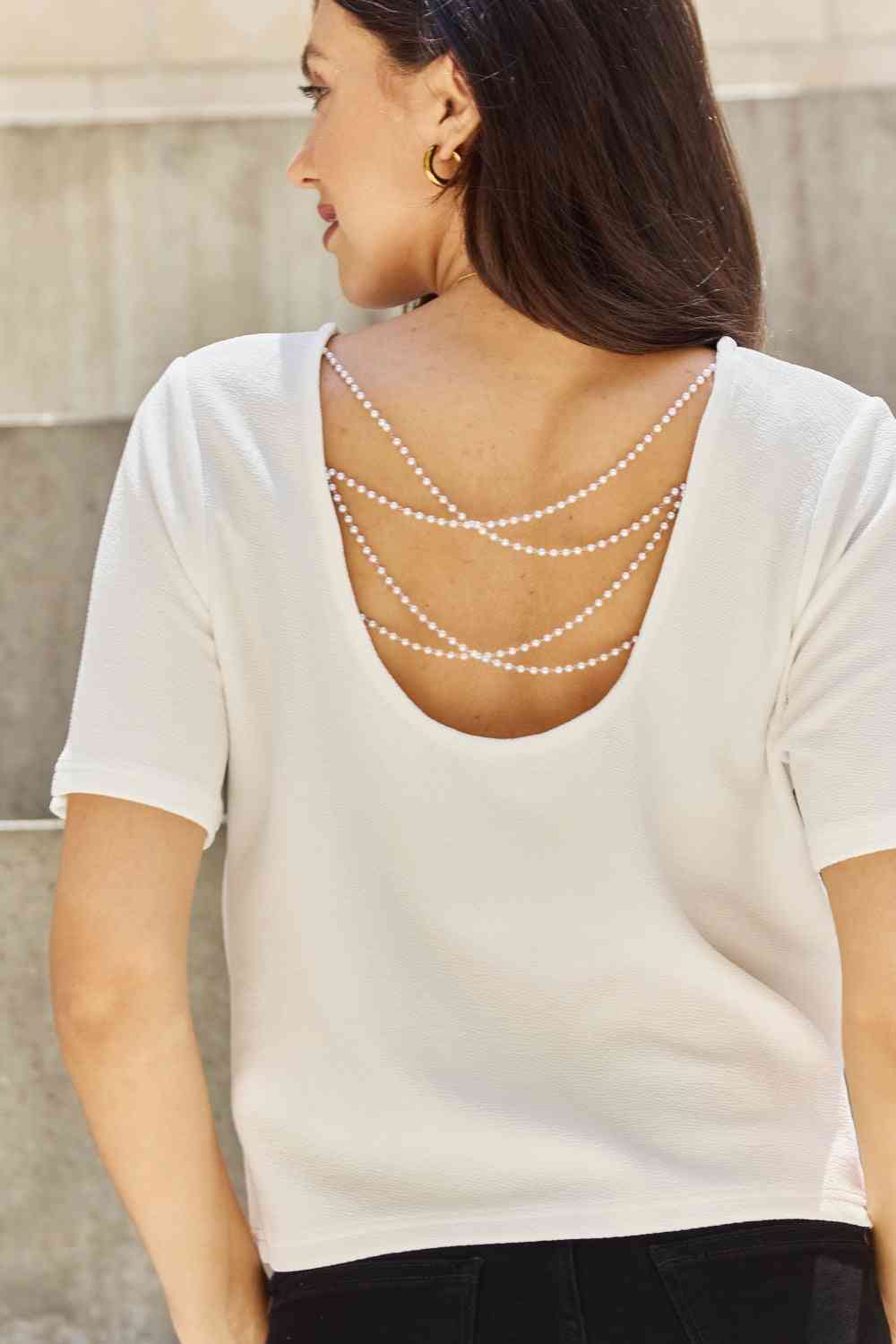 Full Size Crisscross Pearl Detail Open Back T-Shirt