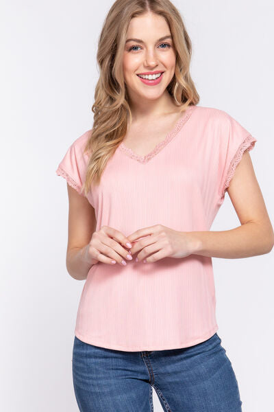 Lace Trim V-Neck Short Sleeve Ribbed Top