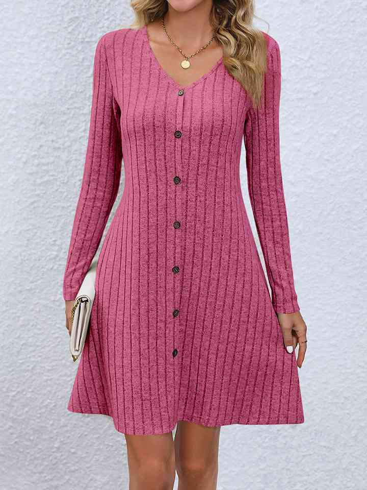 V-Neck Long Sleeve Mini Sweater Dress