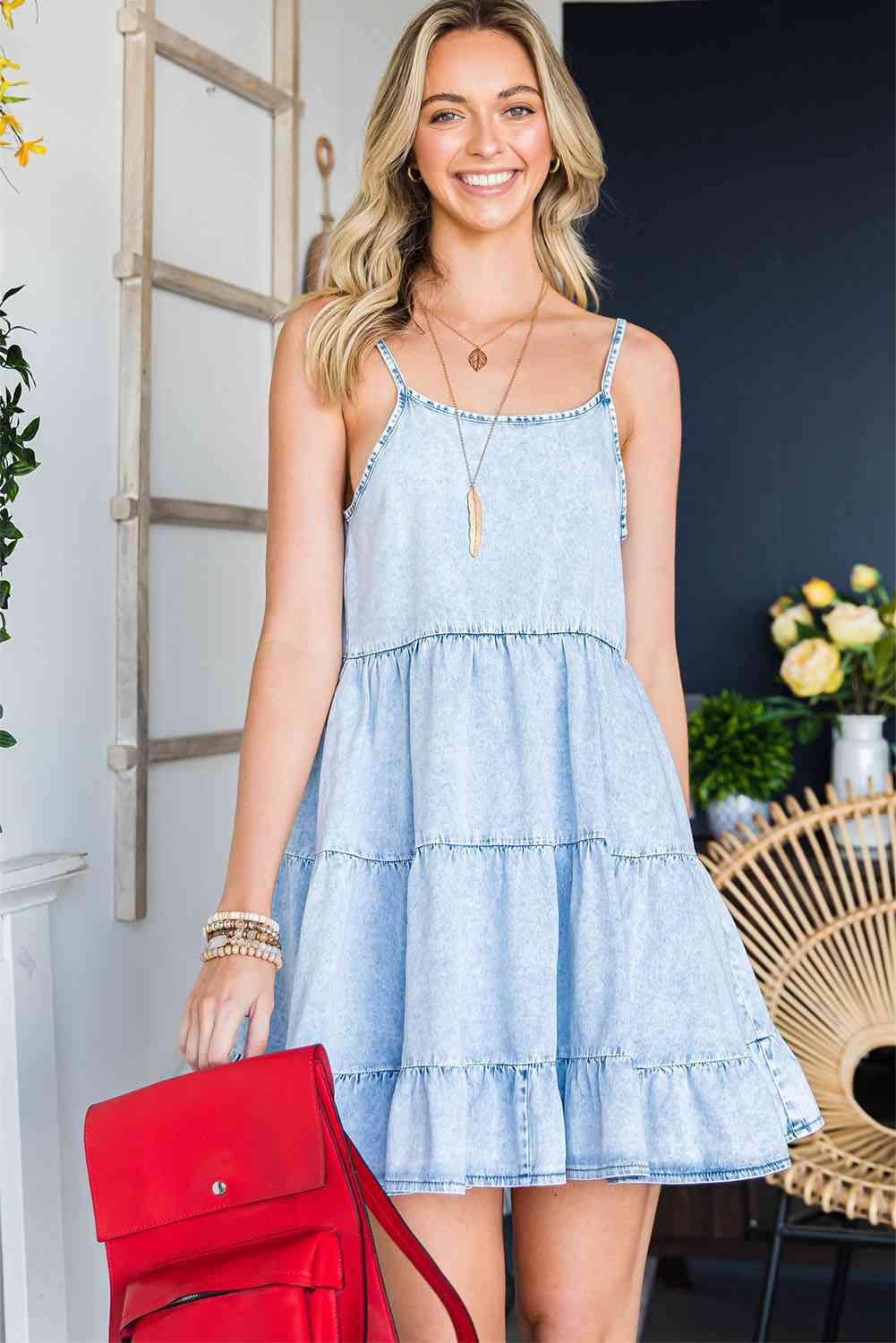 Spaghetti Strap Tiered Denim Dress