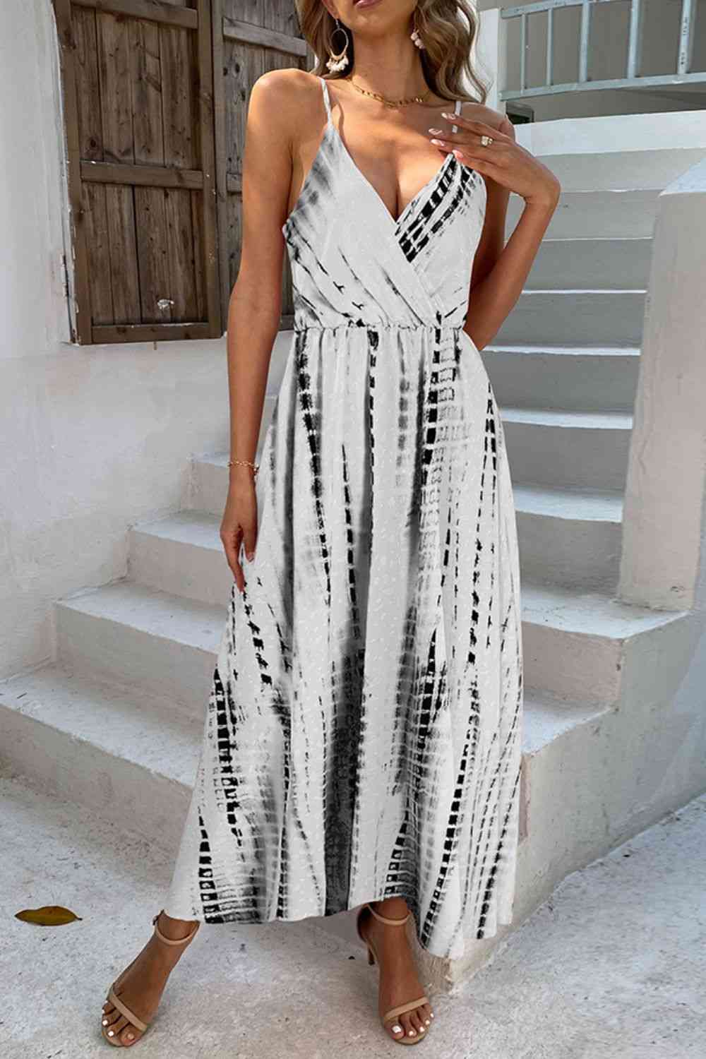 Printed Surplice Adjustable Spaghetti Strap Maxi Dress