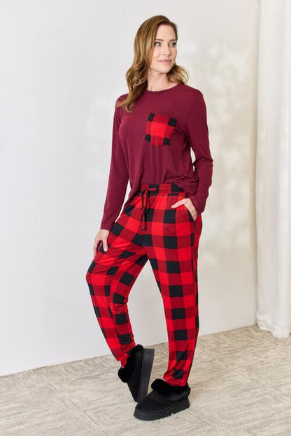 Full Size Plaid Round Neck Top and Pants Pajama Set