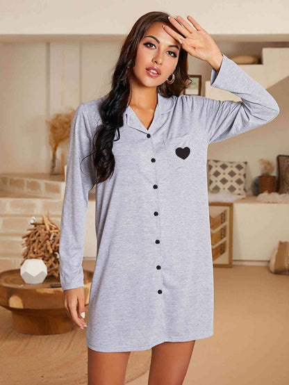 Lapel Collar Long Sleeve Night Dress