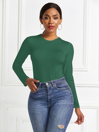 Round Neck Long Sleeve Stretchy Bodysuit