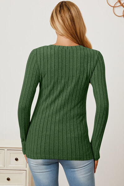 Full Size Ribbed V-Neck Long Sleeve T-Shirt