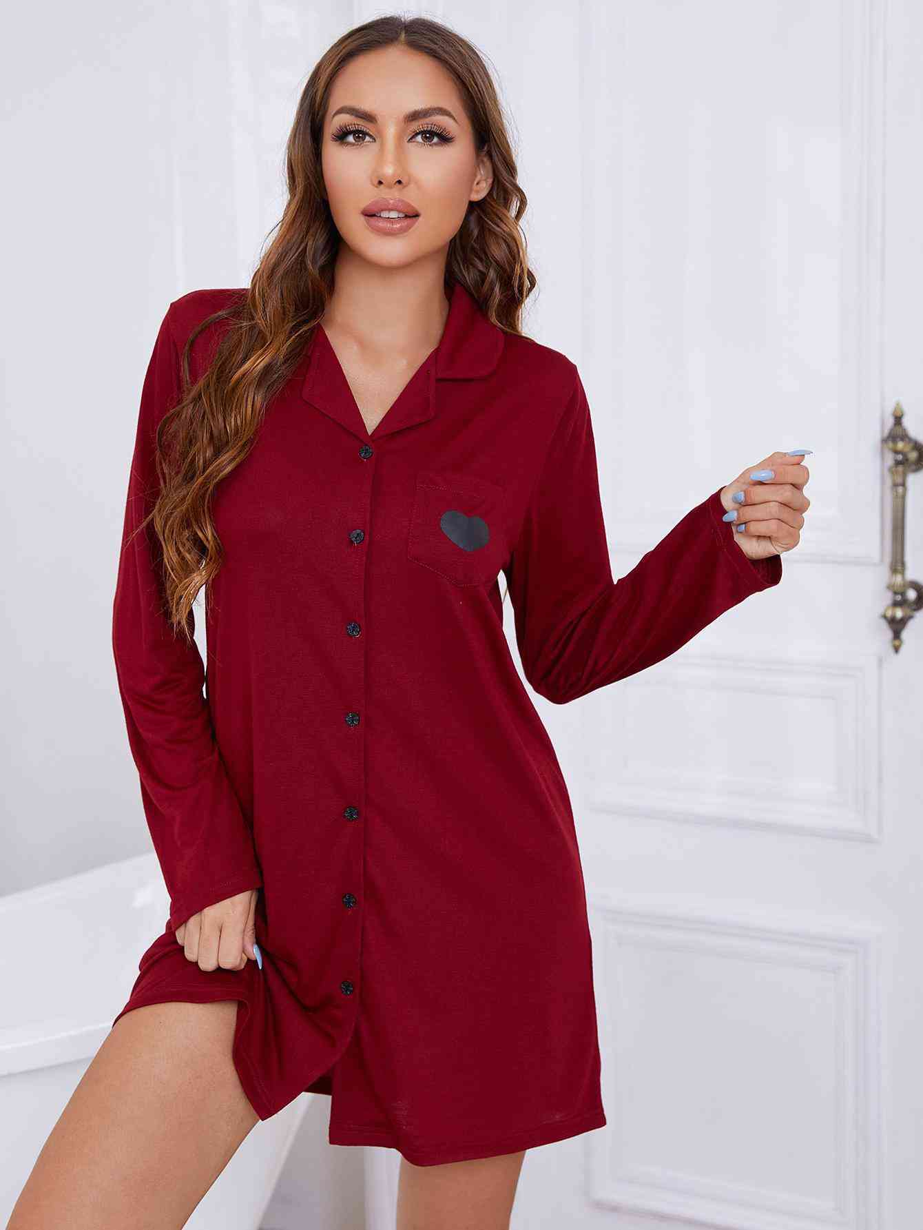 Lapel Collar Long Sleeve Night Dress