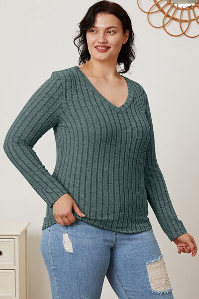 Full Size Ribbed V-Neck Long Sleeve T-Shirt