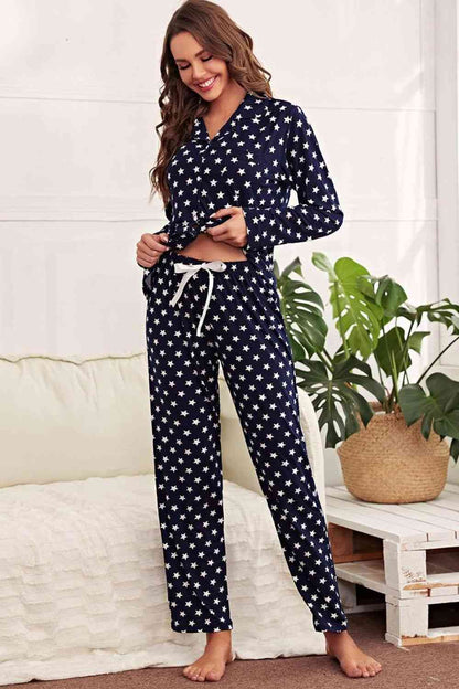 Star Print Button-Up Shirt and Pants Lounge Set