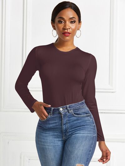 Round Neck Long Sleeve Stretchy Bodysuit