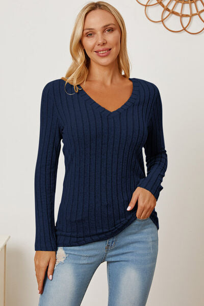 Full Size Ribbed V-Neck Long Sleeve T-Shirt