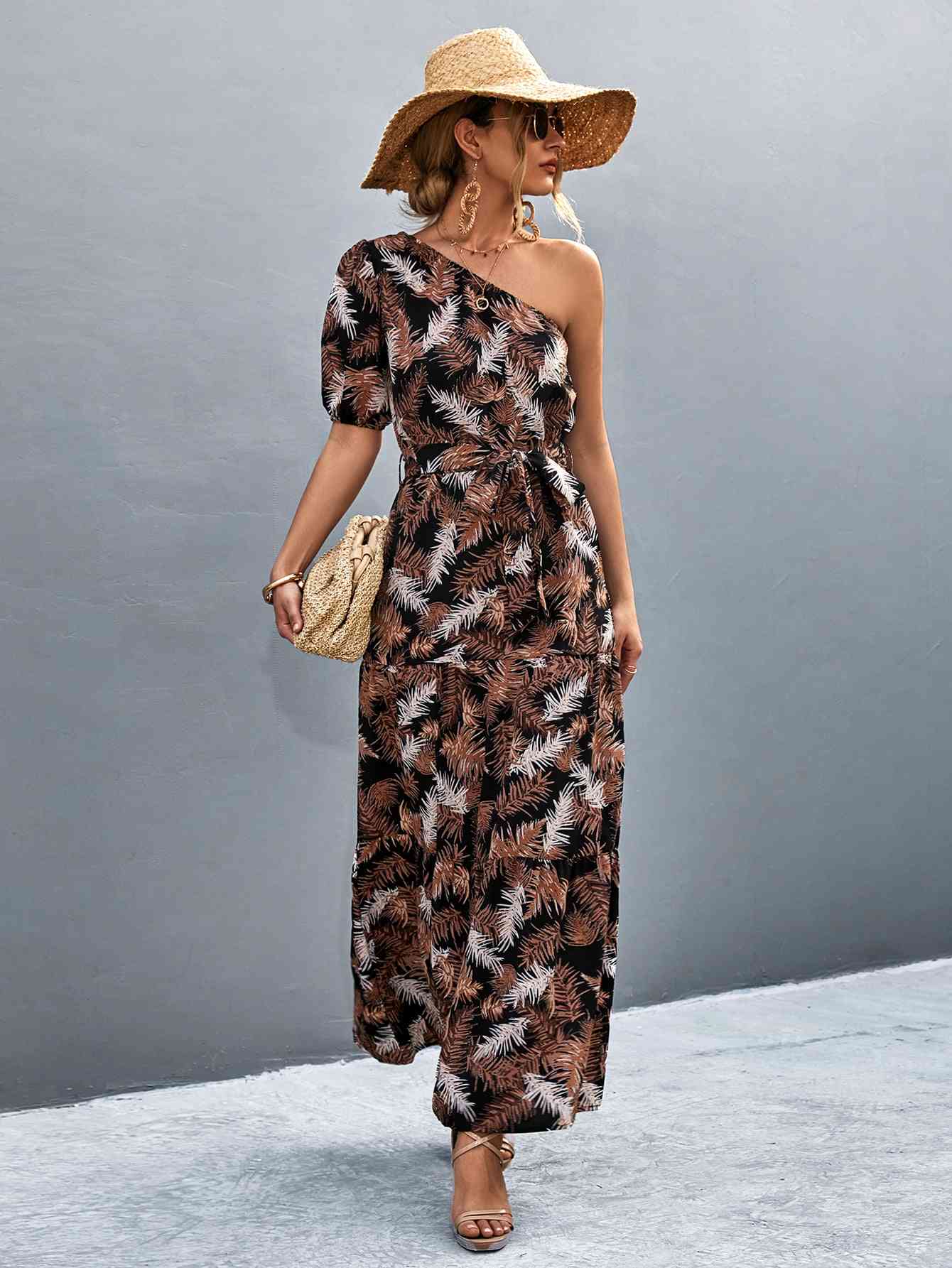 Printed Tie Waist One Shoulder Maxi Dress