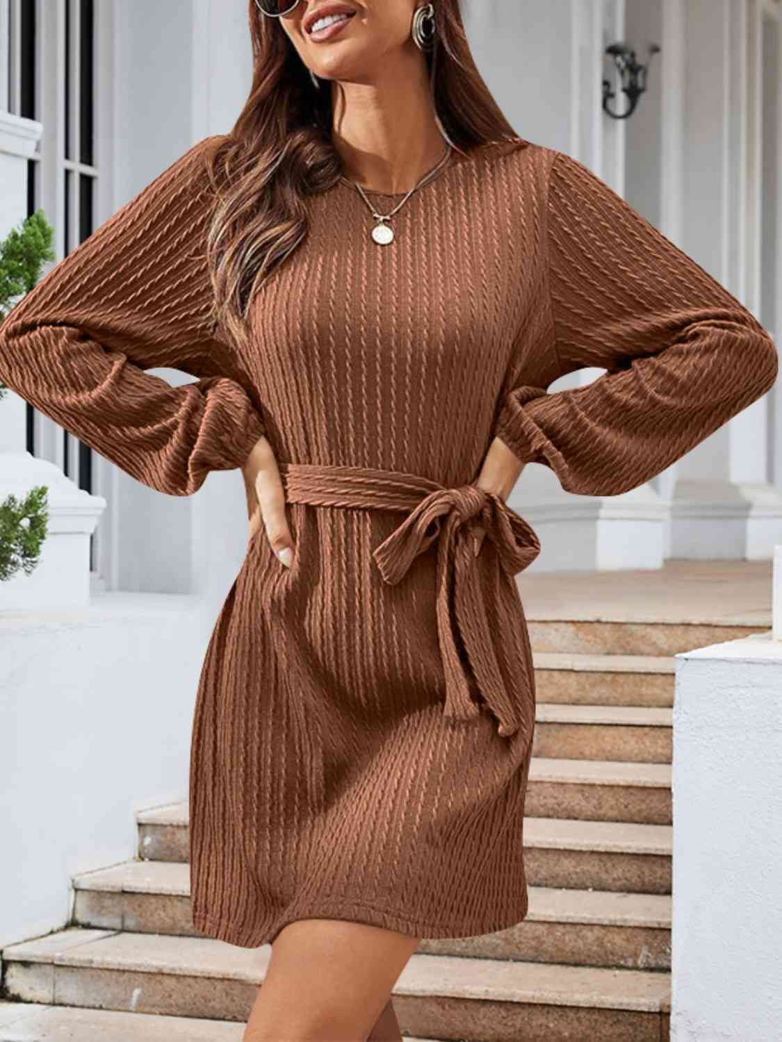 Round Neck Tie Front Long Sleeve Sweater Dress