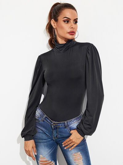 Backless Tie-Waist Turtleneck Lantern Sleeve Bodysuit