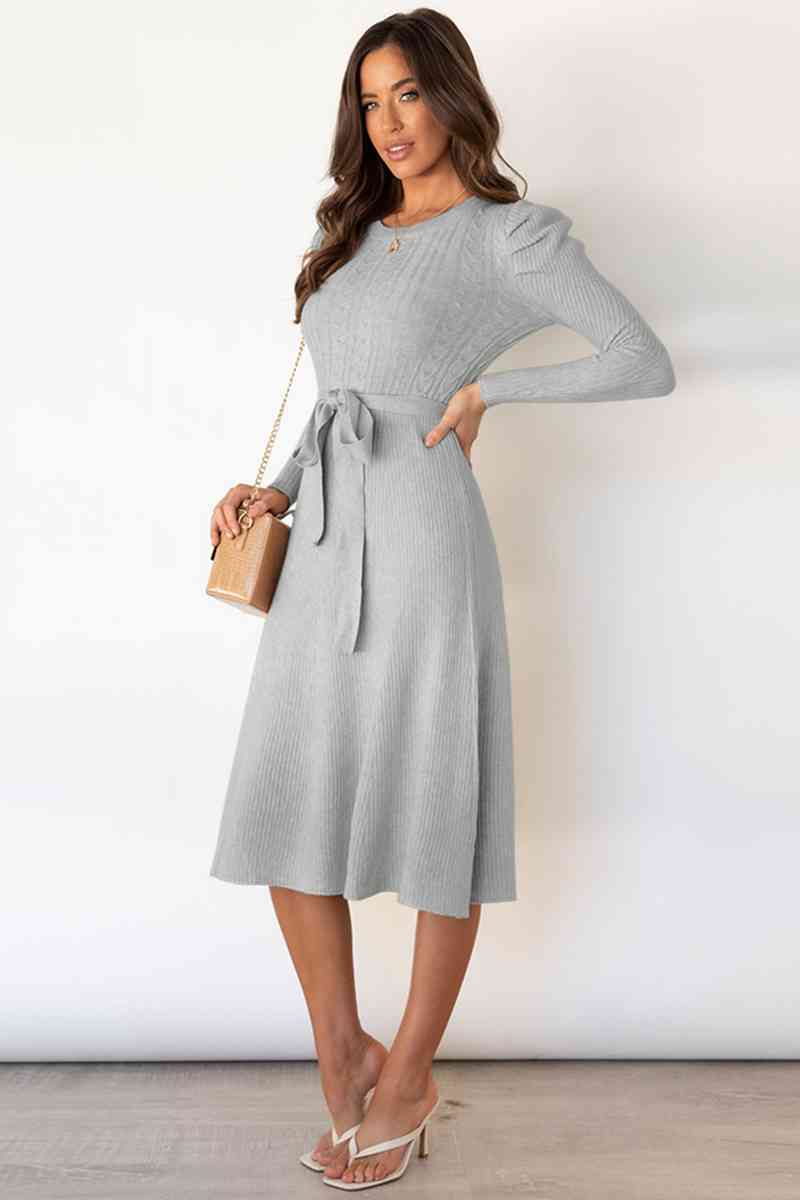 Round Neck Long Sleeve Tie Waist Sweater Dress