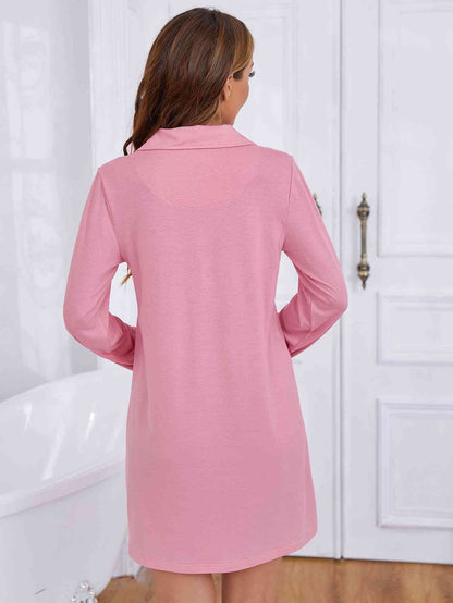 Lapel Collar Long Sleeve Night Dress