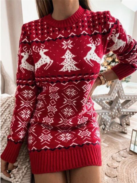 Reindeer & Snowflake Round Neck Sweater Dress