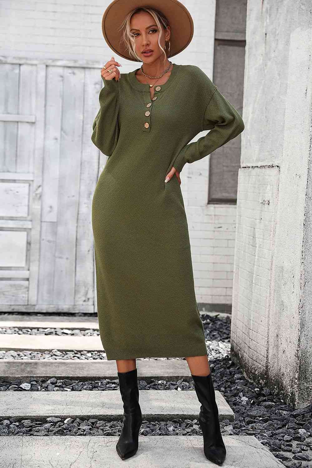 Notched Neck Dropped Shoulder Button-Down Midi Sweater Dress