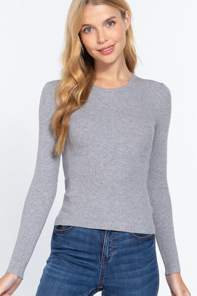 Full Size Ribbed Round Neck Long Sleeve Knit Top