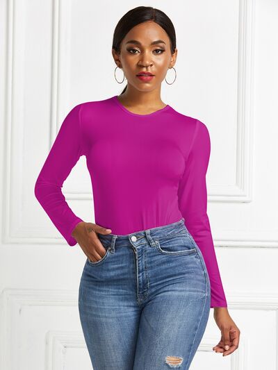 Round Neck Long Sleeve Stretchy Bodysuit