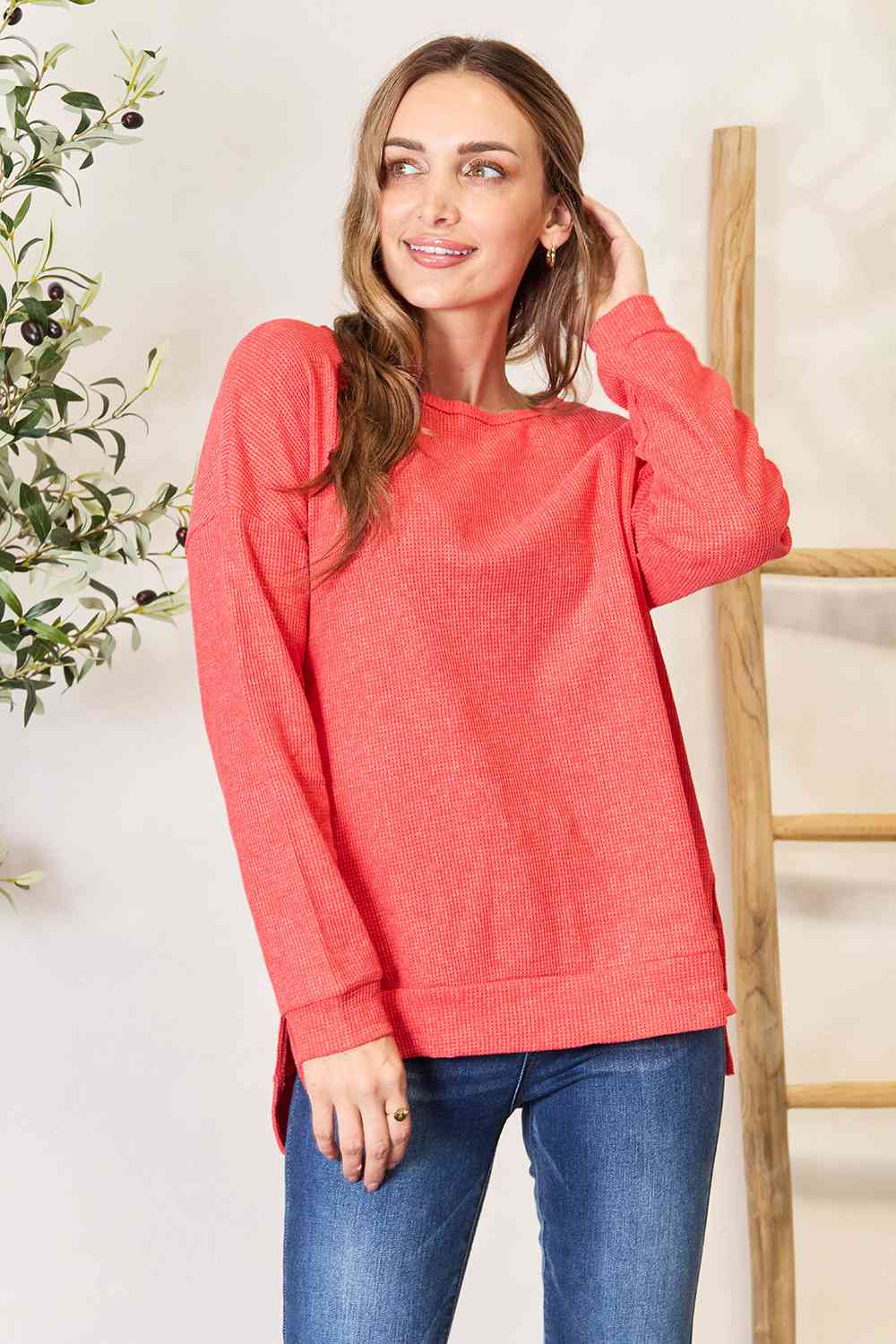 Basic Bae Round Neck Drop Shoulder Slit Sweatshirt