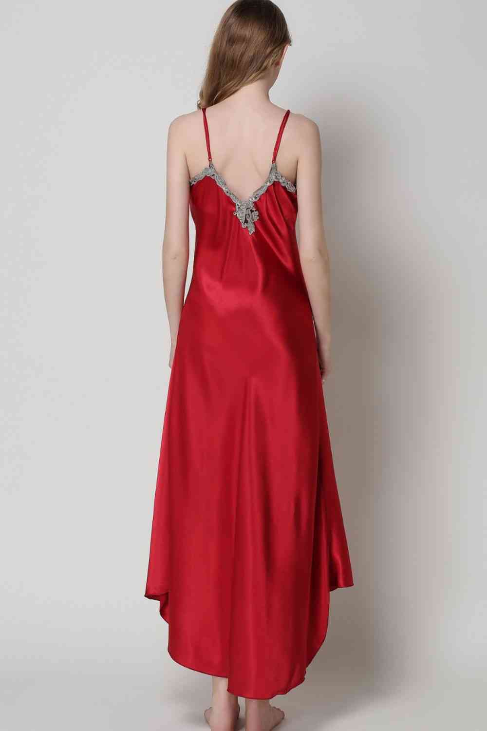 Full Size Lace Trim V-Neck Spaghetti Strap Satin Night Dress