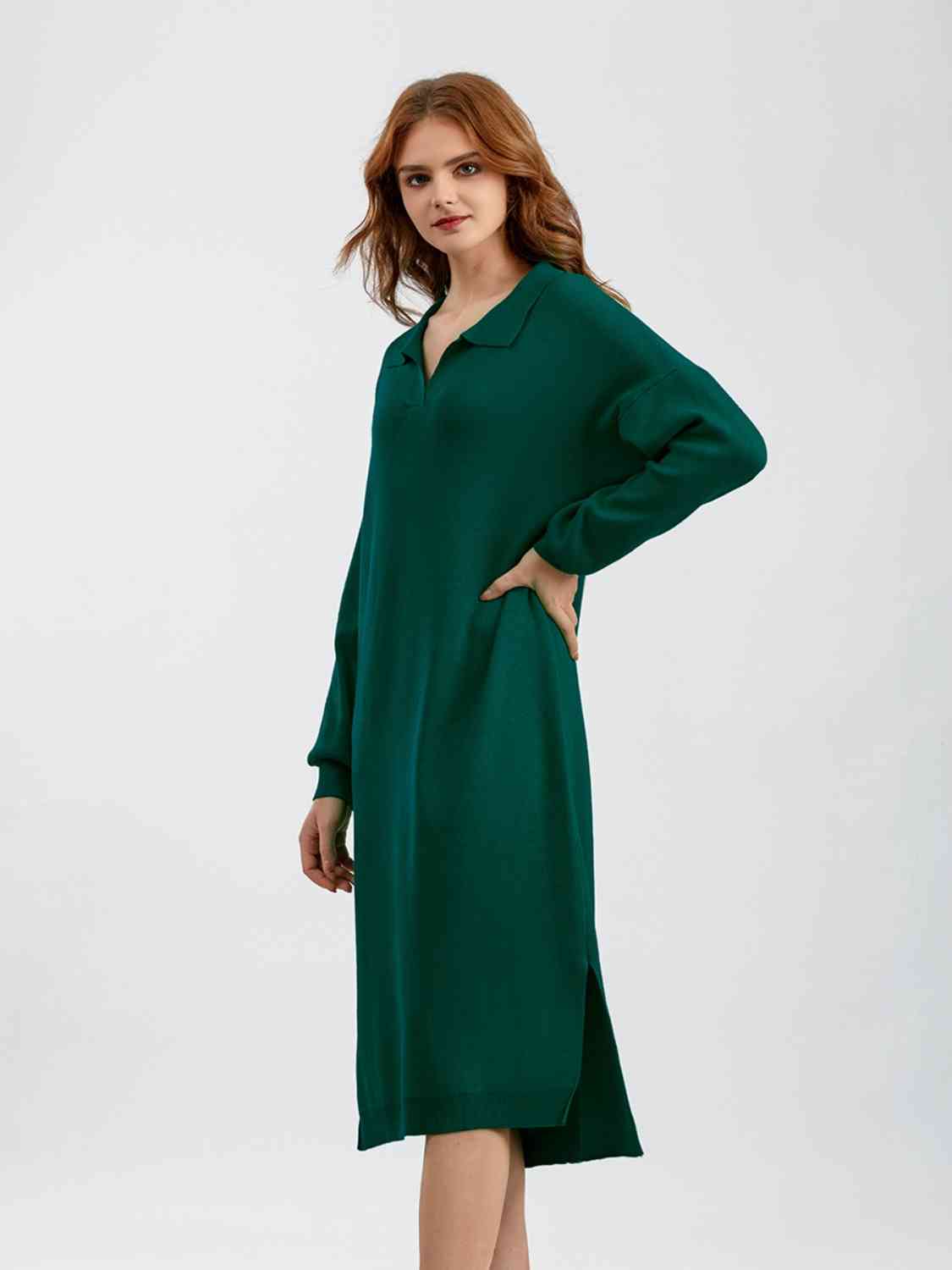 Johnny Collar Long Sleeve Slit Sweater Dress